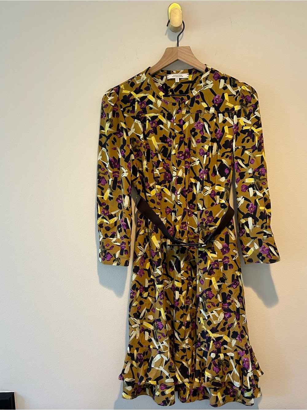 Dorothee Schumacher Dress Silk Floral Print Mustard Long-Sleeve Dress Ruffle